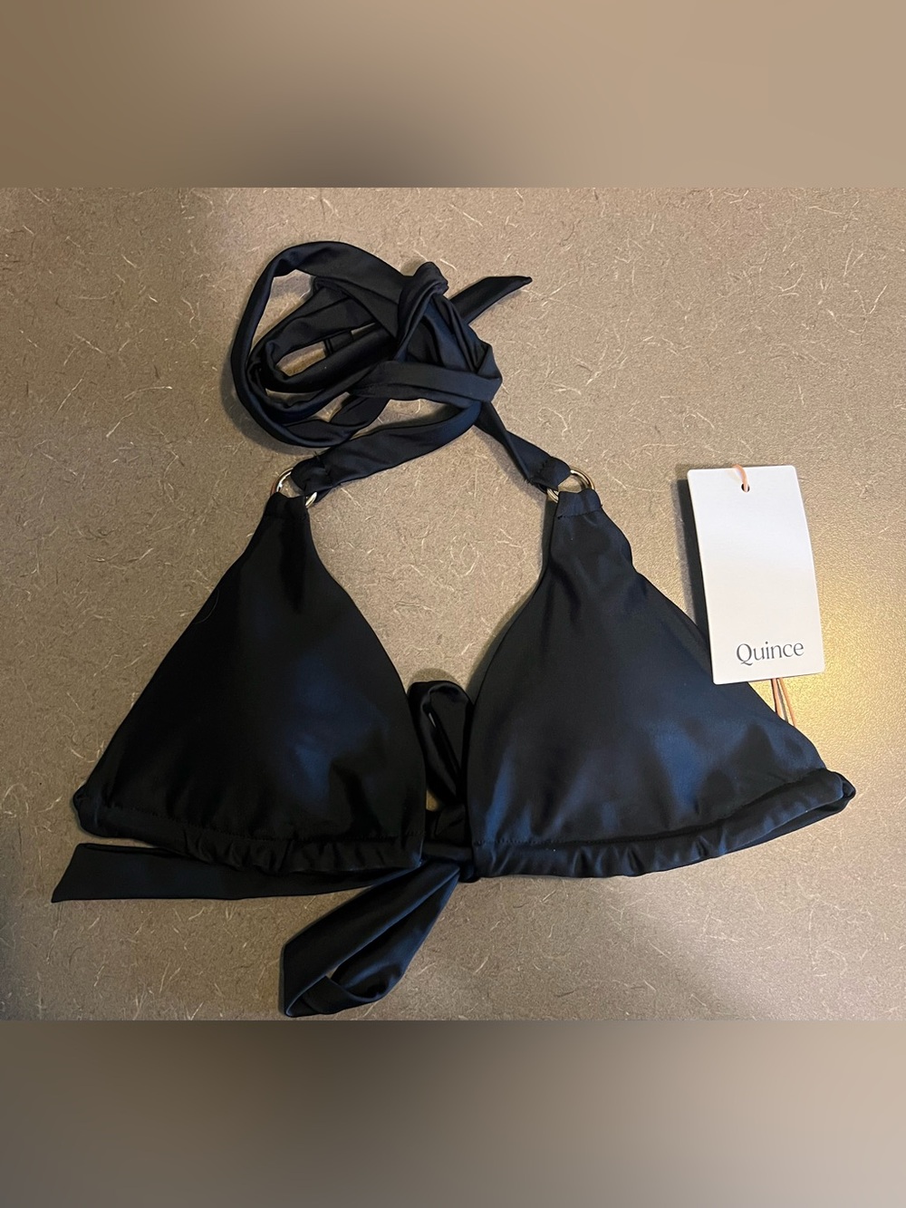 Quince Full Coverage Ring Triangle Bikini Top Black Small NWT